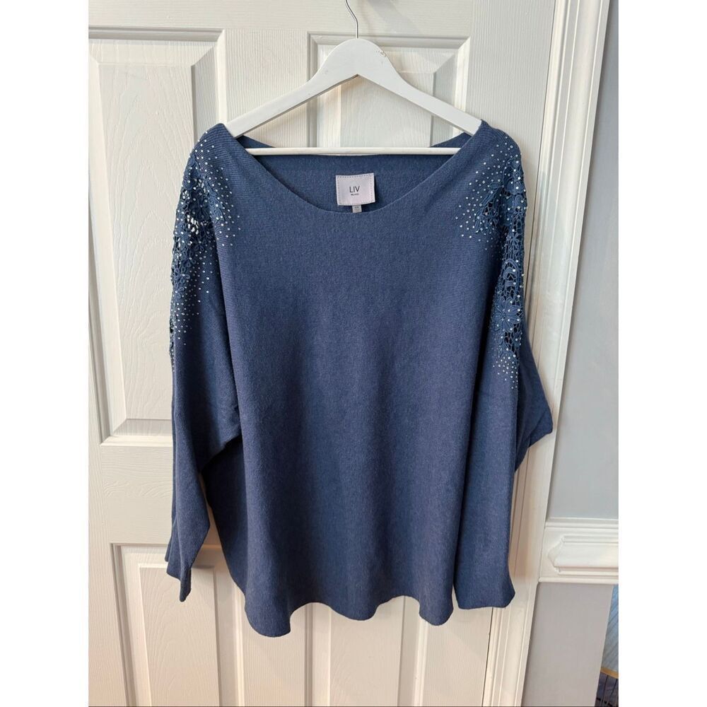 LIV Milano Steal Blue Crochet & Crystal Embellished Batwing Sweater sz 2X NWOT